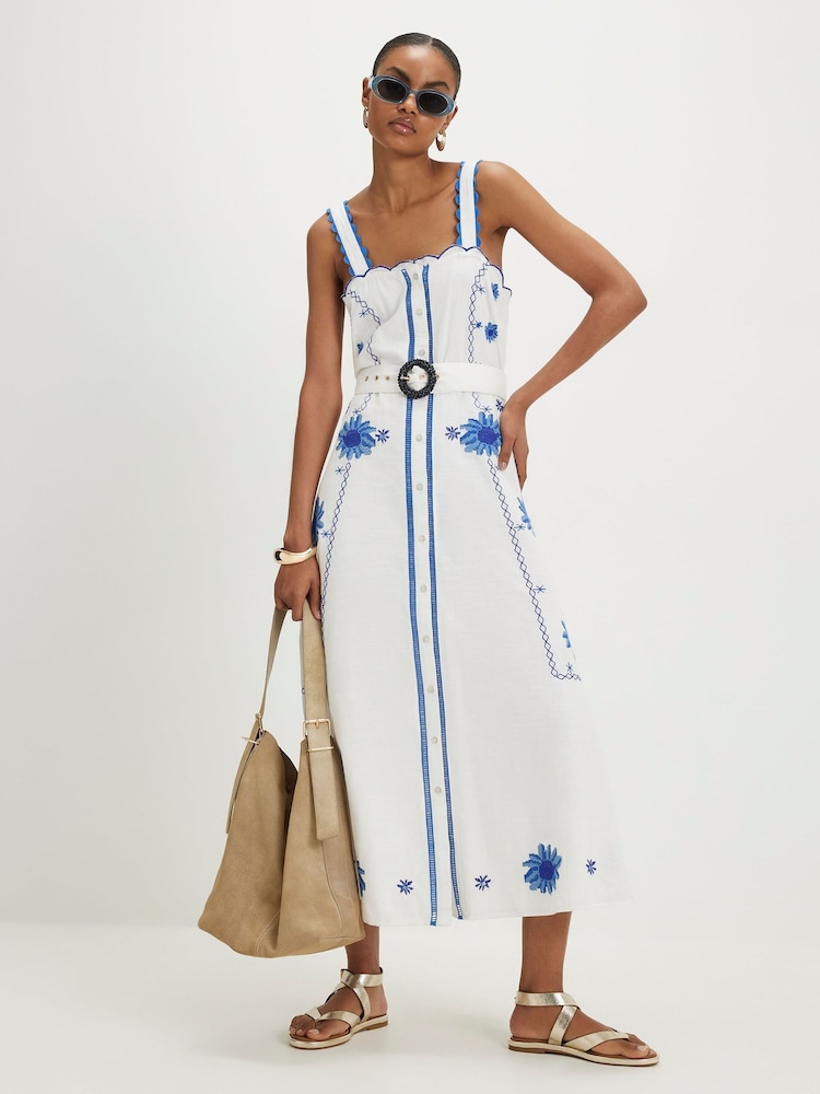 River Island White Sleeveless Scallop Hem Floral Embroidered Belted Midi Dress - Image 1 of 4 River Island White Sleeveless Scallop Hem Floral Embroidered Belted Midi Dress - Image 1 of 4