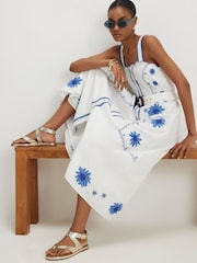 River Island White Sleeveless Scallop Hem Floral Embroidered Belted Midi Dress - Image 3 of 4