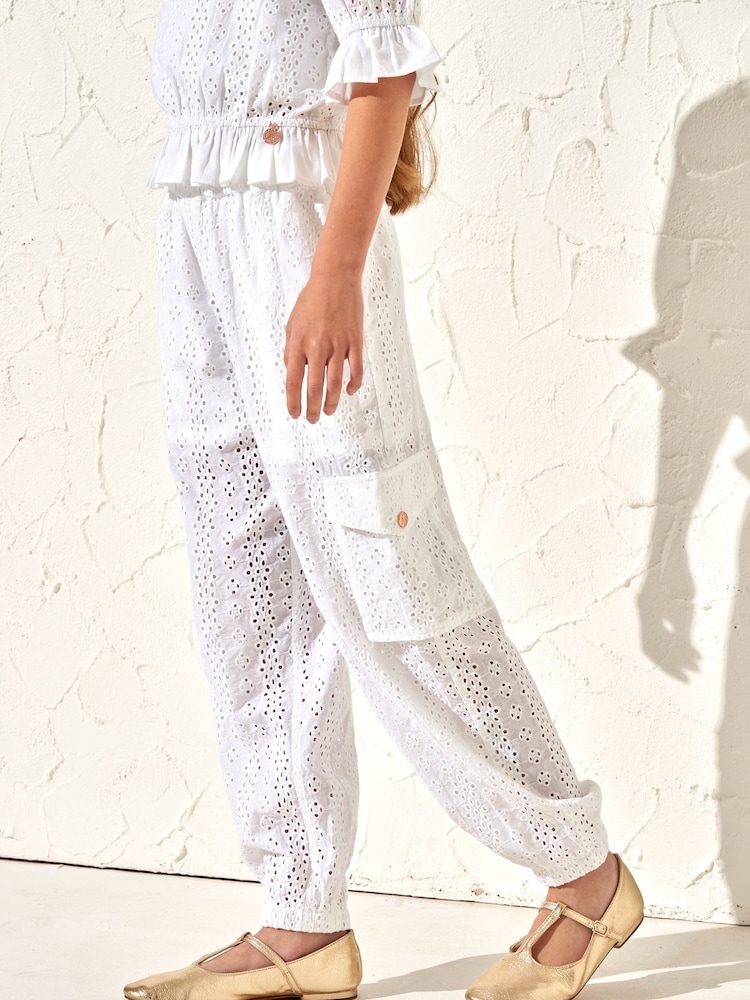 Angel & Rocket White Broderie Cleo Cargo 100% Cotton Trousers - Image 1 of 6 Angel & Rocket White Broderie Cleo Cargo 100% Cotton Trousers - Image 1 of 6
