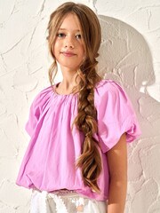 Angel & Rocket Pink Puff Sleeve Michela Woven 100% Cotton Top - Image 1 of 4