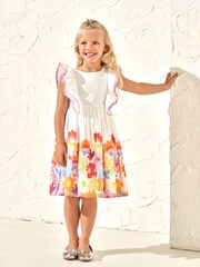 Angel & Rocket White 100% Cotton Border Print Renee Ruffle Dress - Image 1 of 3
