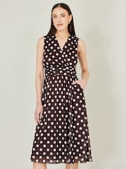 Yumi Brown Polka Dot Mesh Skater Dress With Pockets - Image 1 of 4
