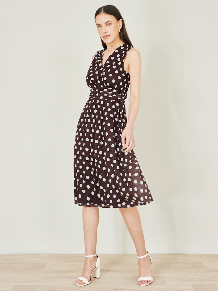 Yumi Brown Polka Dot Mesh Skater Dress With Pockets - Image 4 of 4 Yumi Brown Polka Dot Mesh Skater Dress With Pockets - Image 4 of 4