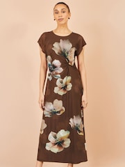 Yumi Brown Mesh Floral Midi Dress - Image 1 of 4