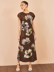 Yumi Brown Mesh Floral Midi Dress - Image 4 of 4