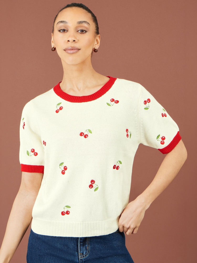 Yumi Cream Cherry Cotton Knitted Top - Image 1 of 5 Yumi Cream Cherry Cotton Knitted Top - Image 1 of 5
