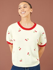 Yumi Cream Cherry Cotton Knitted Top - Image 3 of 5