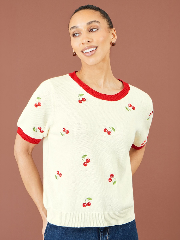 Yumi Cream Cherry Cotton Knitted Top - Image 5 of 5 Yumi Cream Cherry Cotton Knitted Top - Image 5 of 5