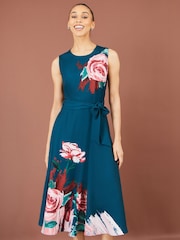 Yumi Blue Abstract Floral Skater Midi Dress - Image 1 of 5