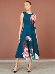 Yumi Blue Abstract Floral Skater Midi Dress - Image 2 of 5