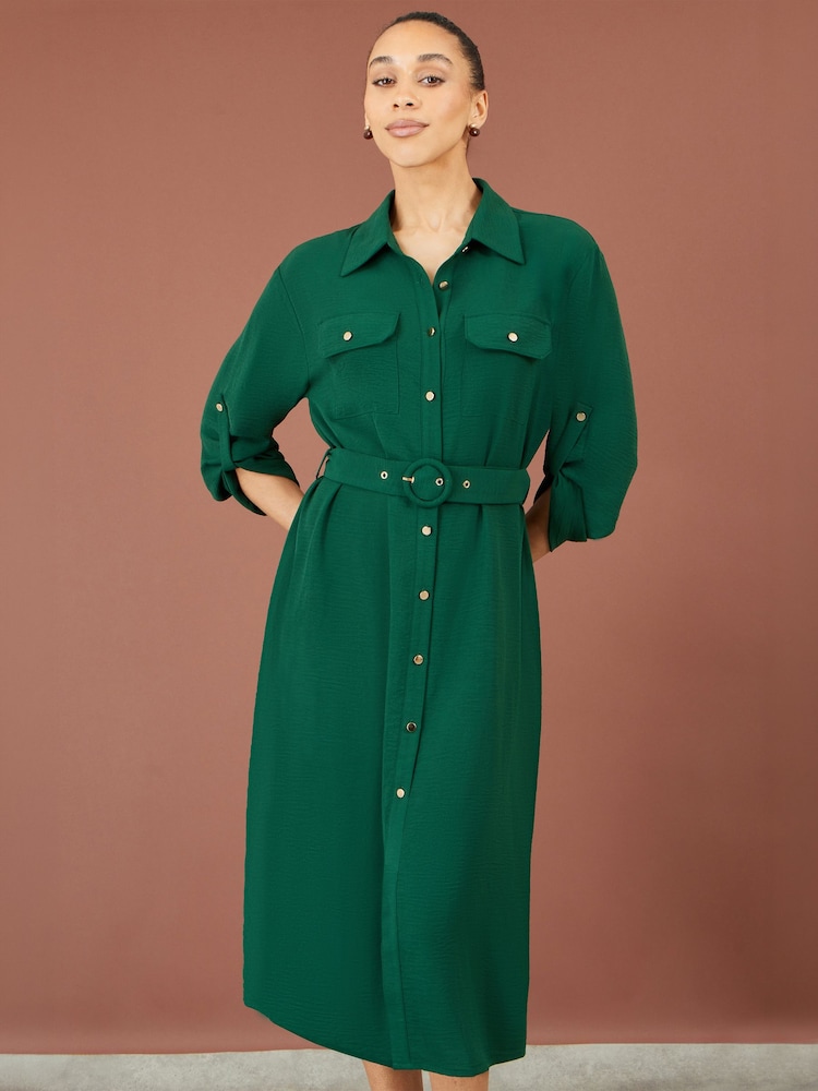 Yumi Green Stretch Midi Shirt Dress - Image 1 of 5 Yumi Green Stretch Midi Shirt Dress - Image 1 of 5