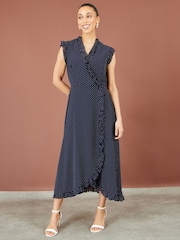 Yumi Polka Dot Midi Wrap Frill Dress - Larawan 1 ng 5