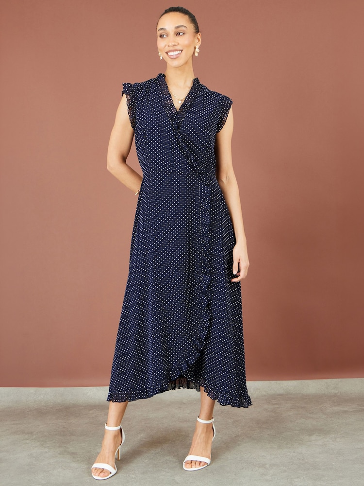 Yumi Polka Dot Midi Wrap Frill Dress - Larawan 1 ng 5