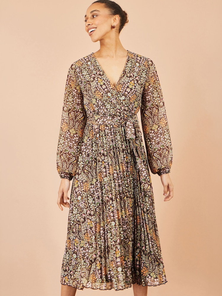 Yumi Brown Ditsy Floral Pleated Midi Dress - Image 1 of 5 Yumi Brown Ditsy Floral Pleated Midi Dress - Image 1 of 5