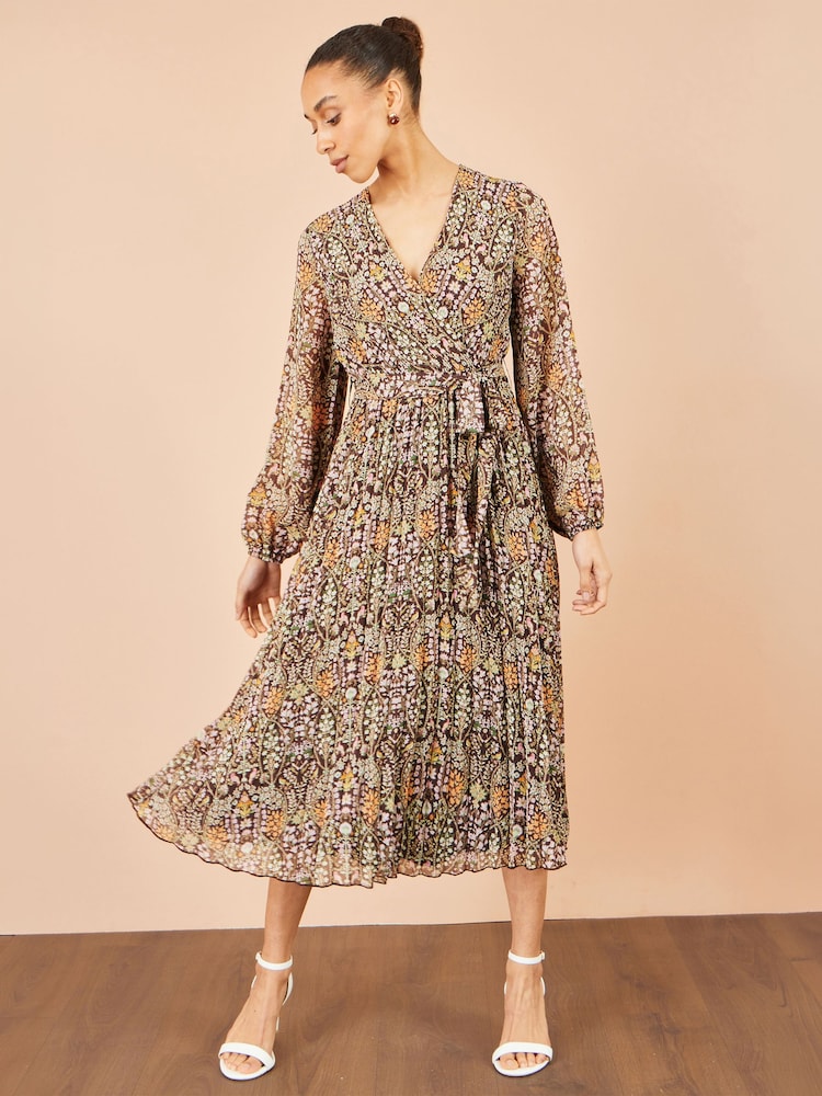 Yumi Brown Ditsy Floral Pleated Midi Dress - Image 2 of 5 Yumi Brown Ditsy Floral Pleated Midi Dress - Image 2 of 5