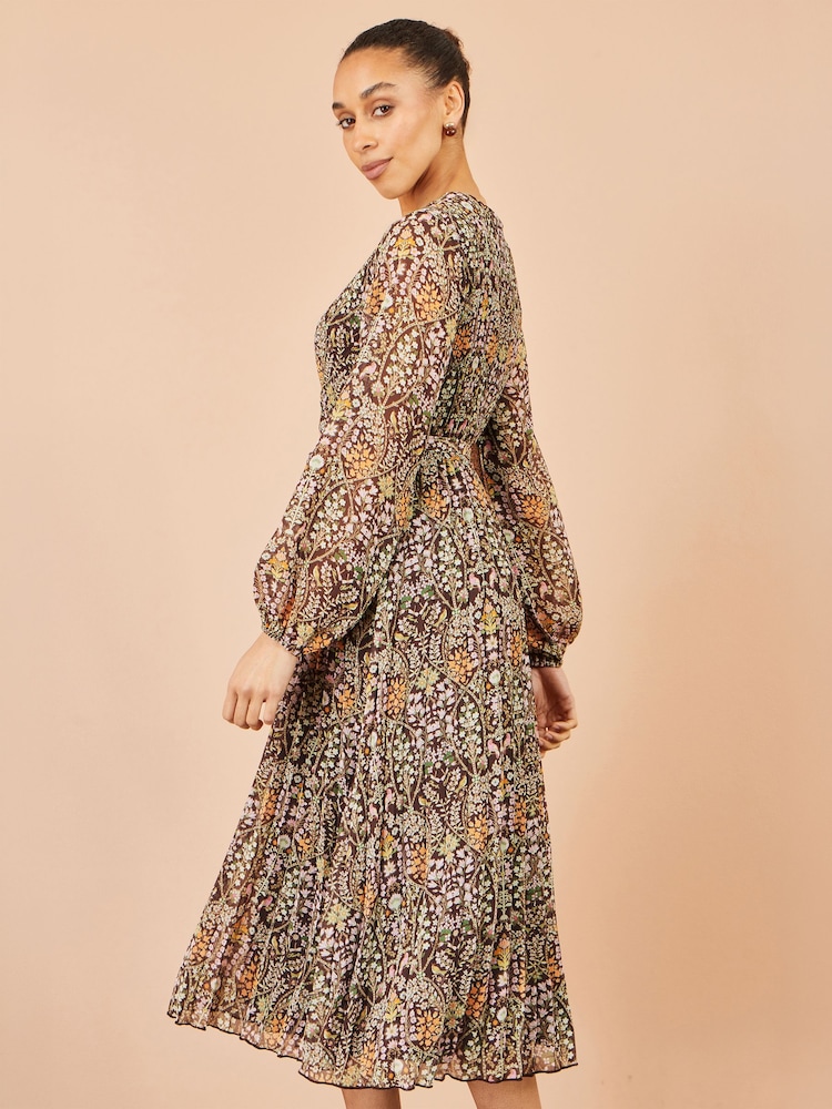 Yumi Brown Ditsy Floral Pleated Midi Dress - Image 5 of 5 Yumi Brown Ditsy Floral Pleated Midi Dress - Image 5 of 5