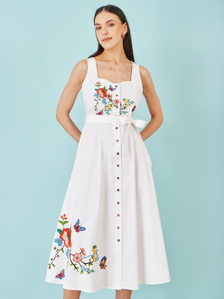 Yumi White Cotton Midi Dress With Embroidery - Image 1 of 5 Yumi White Cotton Midi Dress With Embroidery - Image 1 of 5
