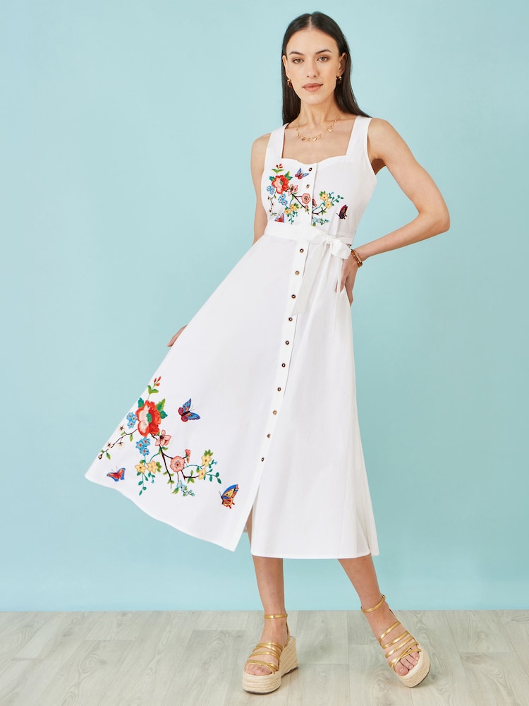 Yumi White Cotton Midi Dress With Embroidery - Image 2 of 5 Yumi White Cotton Midi Dress With Embroidery - Image 2 of 5