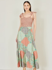 Yumi Natural Patchwork Ruched Smocked Maxi Dress - Image 1 of 5