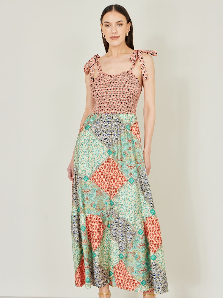 Yumi Natural Patchwork Ruched Smocked Maxi Dress - Image 1 of 5