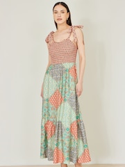 Yumi Natural Patchwork Ruched Smocked Maxi Dress - Image 2 of 5