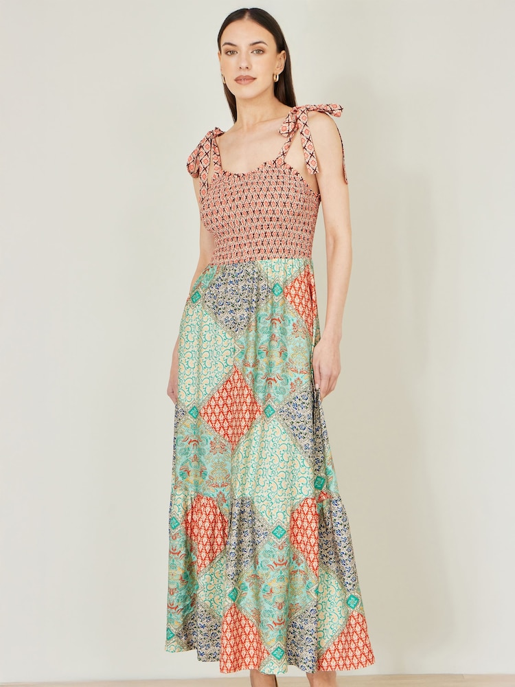 Yumi Natural Patchwork Ruched Smocked Maxi Dress - Image 2 of 5