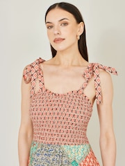 Yumi Natural Patchwork Ruched Smocked Maxi Dress - Image 3 of 5
