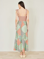 Yumi Natural Patchwork Ruched Smocked Maxi Dress - Image 4 of 5
