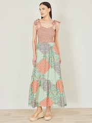 Yumi Natural Patchwork Ruched Smocked Maxi Dress - Image 5 of 5
