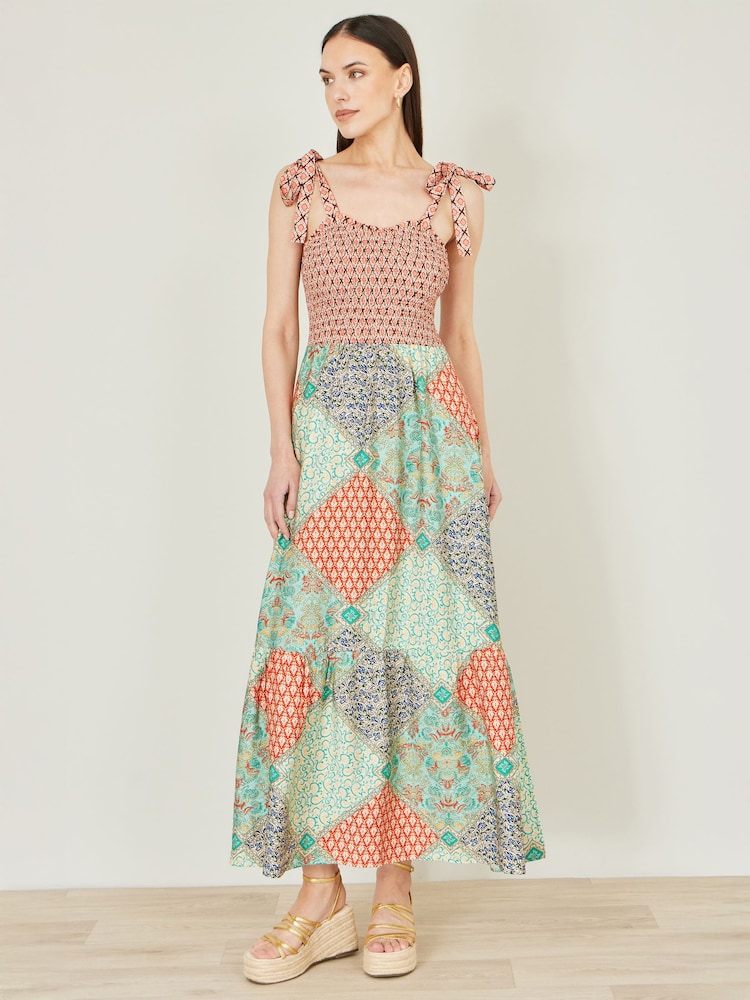 Yumi Natural Patchwork Ruched Smocked Maxi Dress - Image 5 of 5
