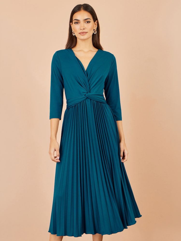 Yumi Blue Stretch Wrap Pleated Midi Dress - Image 1 of 5