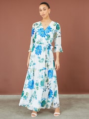Yumi White Floral 3/4 Sleeve Wrap Maxi Dress - Image 1 of 5