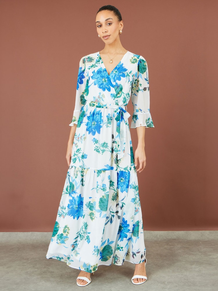 Yumi White Floral 3/4 Sleeve Wrap Maxi Dress - Image 1 of 5