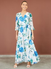 Yumi White Floral 3/4 Sleeve Wrap Maxi Dress - Image 2 of 5