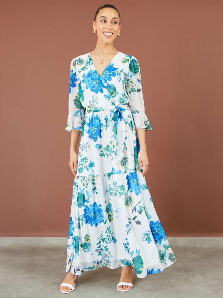 Yumi White Floral 3/4 Sleeve Wrap Maxi Dress - Image 2 of 5