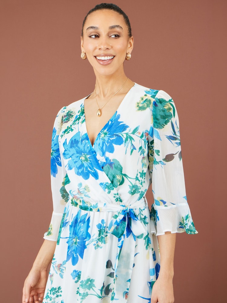 Yumi White Floral 3/4 Sleeve Wrap Maxi Dress - Image 5 of 5