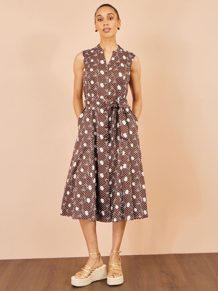 Yumi Brown Cotton Embroidery Shirt Dress - Image 2 of 5 Yumi Brown Cotton Embroidery Shirt Dress - Image 2 of 5
