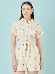 Yumi Cream Embroidered Palm Print Cotton Playsuit - Image 1 of 5