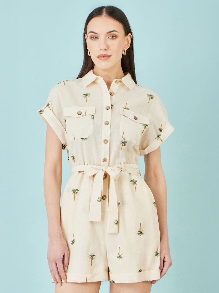 Yumi Cream Embroidered Palm Print Cotton Playsuit - Image 1 of 5 Yumi Cream Embroidered Palm Print Cotton Playsuit - Image 1 of 5