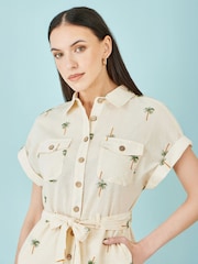 Yumi Cream Embroidered Palm Print Cotton Playsuit - Image 3 of 5