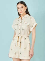 Yumi Cream Embroidered Palm Print Cotton Playsuit - Image 5 of 5