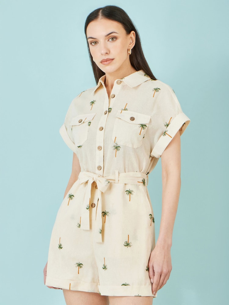 Yumi Cream Embroidered Palm Print Cotton Playsuit - Image 5 of 5 Yumi Cream Embroidered Palm Print Cotton Playsuit - Image 5 of 5