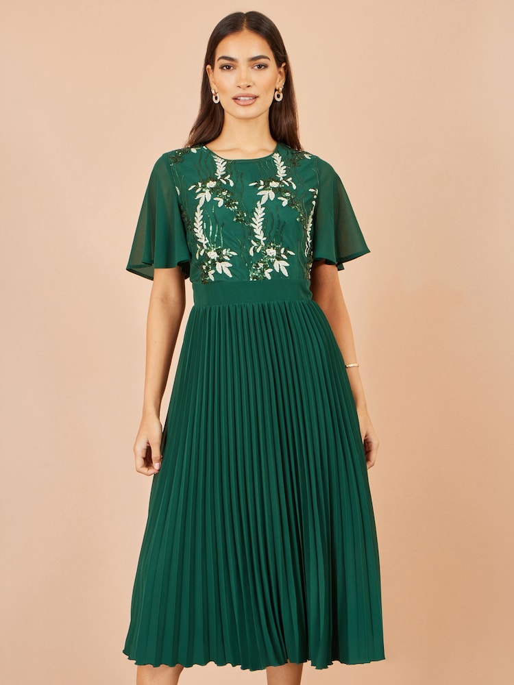 Yumi Green Sequin Embroidered Pleated Midi Dress - Image 1 of 5