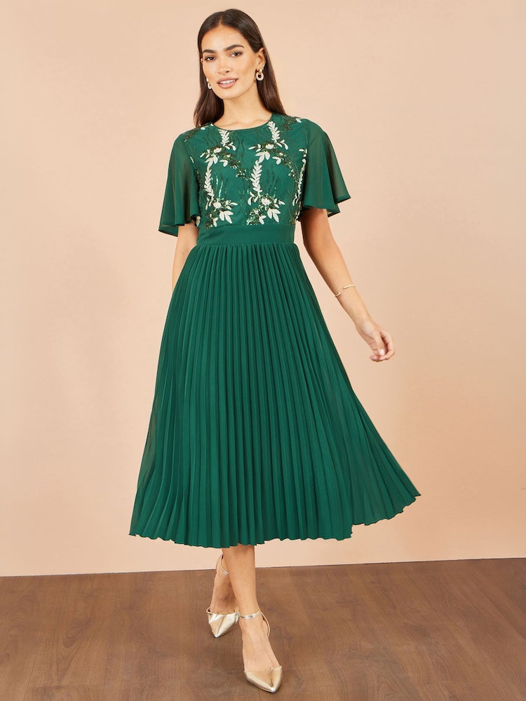 Yumi Green Sequin Embroidered Pleated Midi Dress - Image 2 of 5
