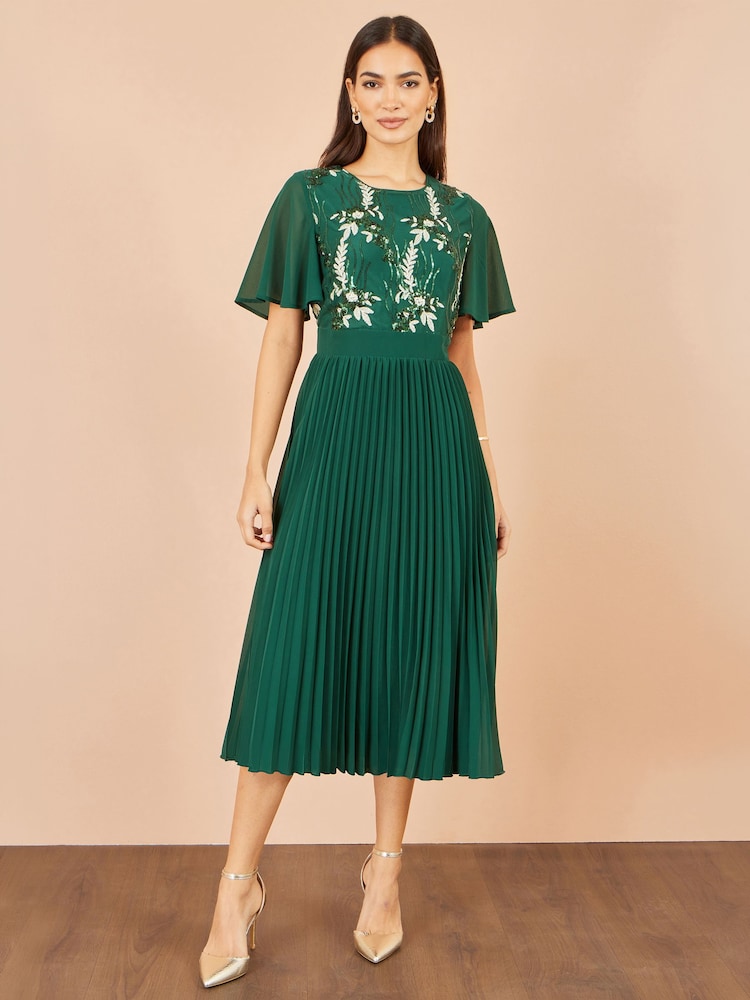 Yumi Green Sequin Embroidered Pleated Midi Dress - Image 5 of 5