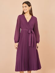 Yumi Purple Pleated Wrap Midi Dress With Sheer Long Sleeves - Image 1 of 5