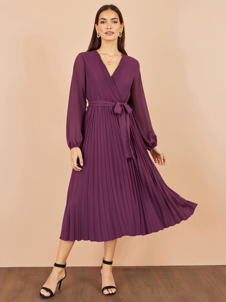Yumi Purple Pleated Wrap Midi Dress With Sheer Long Sleeves - Image 2 of 5 Yumi Purple Pleated Wrap Midi Dress With Sheer Long Sleeves - Image 2 of 5