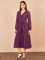 Yumi Purple Pleated Wrap Midi Dress With Sheer Long Sleeves - Image 3 of 5
