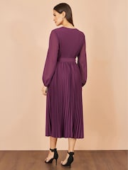 Yumi Purple Pleated Wrap Midi Dress With Sheer Long Sleeves - Image 4 of 5