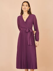 Yumi Purple Pleated Wrap Midi Dress With Sheer Long Sleeves - Image 5 of 5